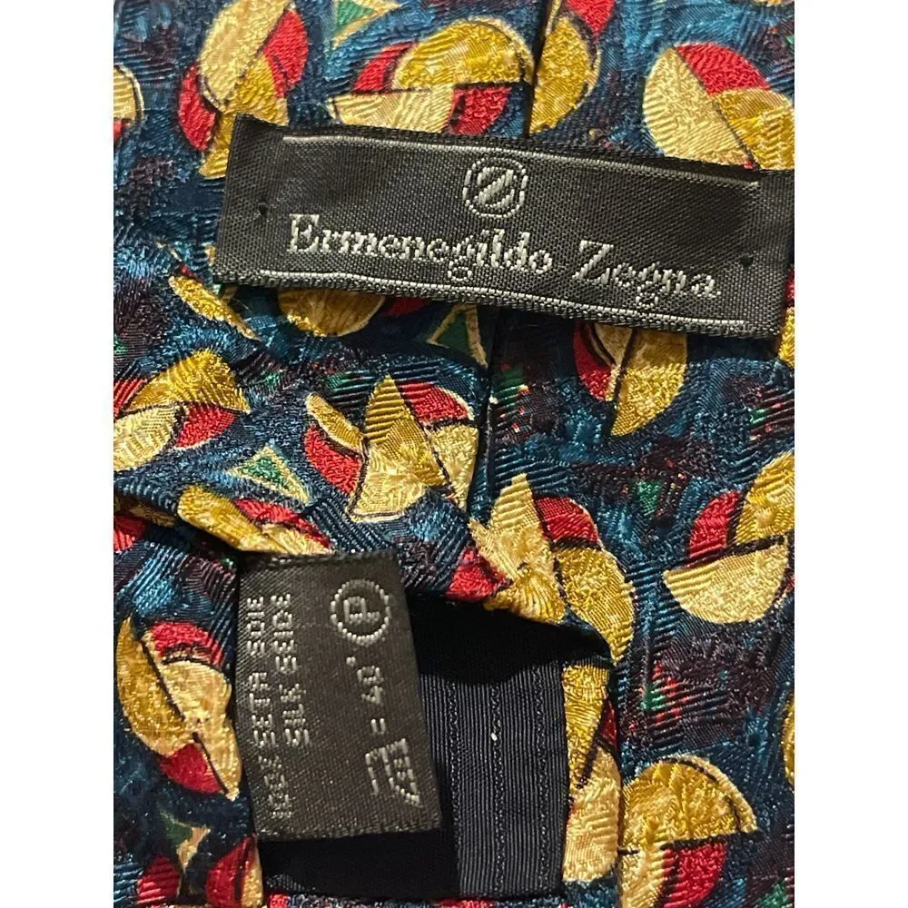 Ermenegildo Zegna Silk Tie Navy Blue Gold Red Abstract Geometric Pattern Z-7‎
